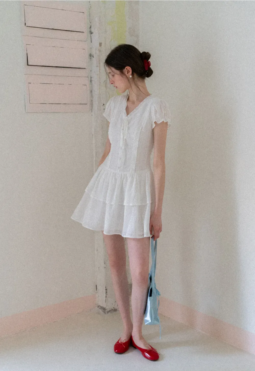 Eyelet Lace Dress with Puffed Sleeves and Tiered Skirt