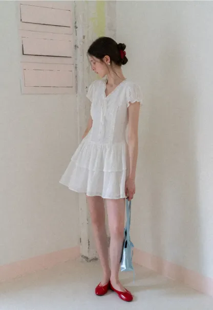 Eyelet Lace Dress with Puffed Sleeves and Tiered Skirt