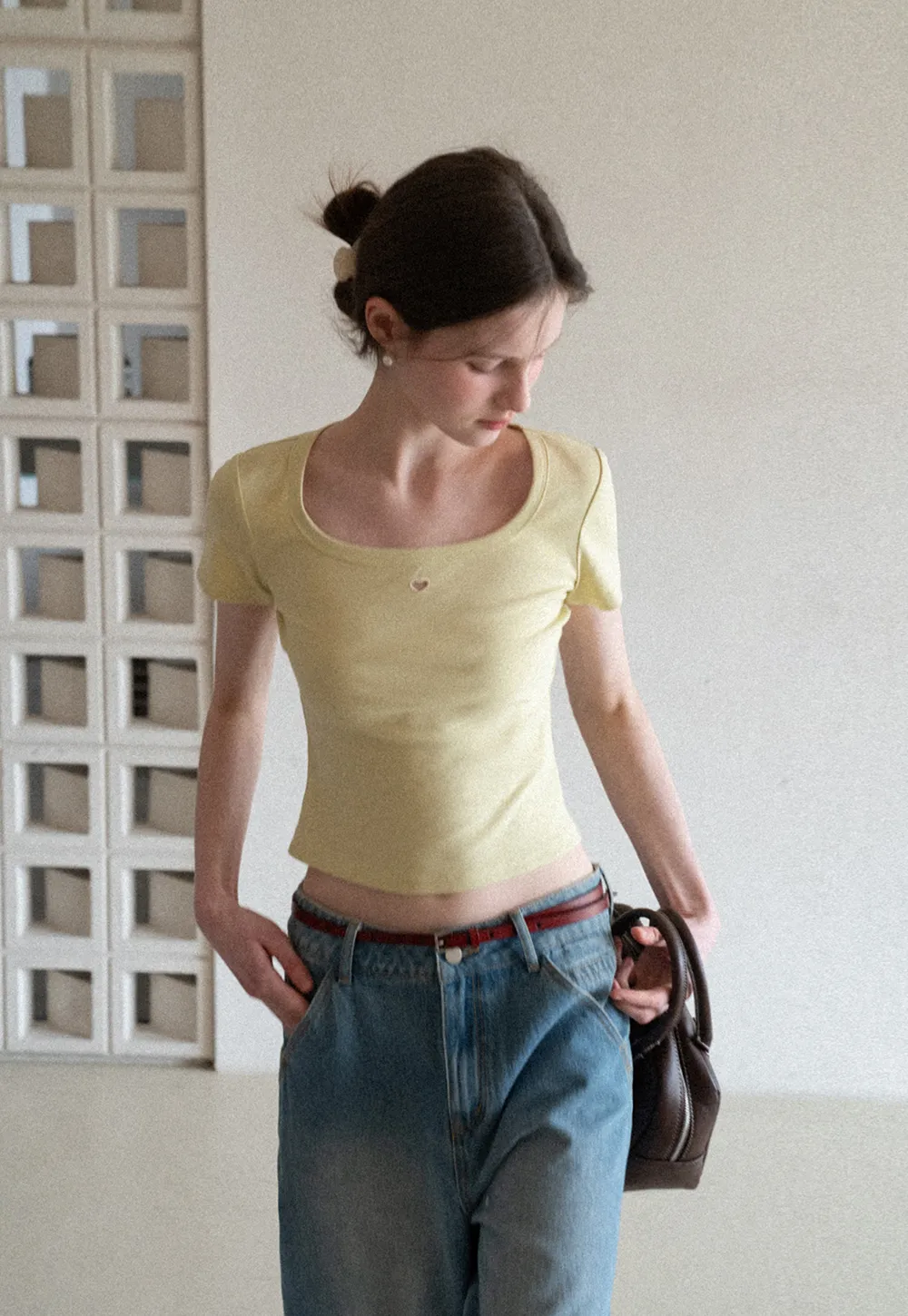 Short Sleeve Crop Top with Square Neckline