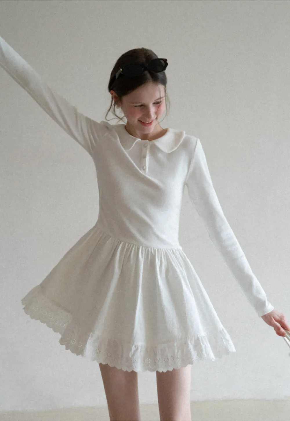 Elegant Long Sleeve Dress with Lace Trim and Flared Skirt