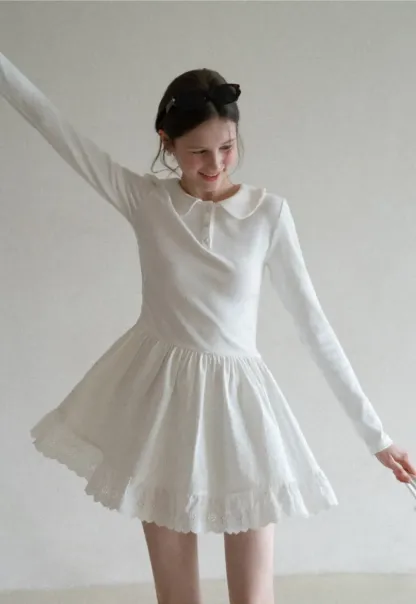 Elegant Long Sleeve Dress with Lace Trim and Flared Skirt