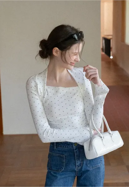 Polka dot long sleeve top with square neckline