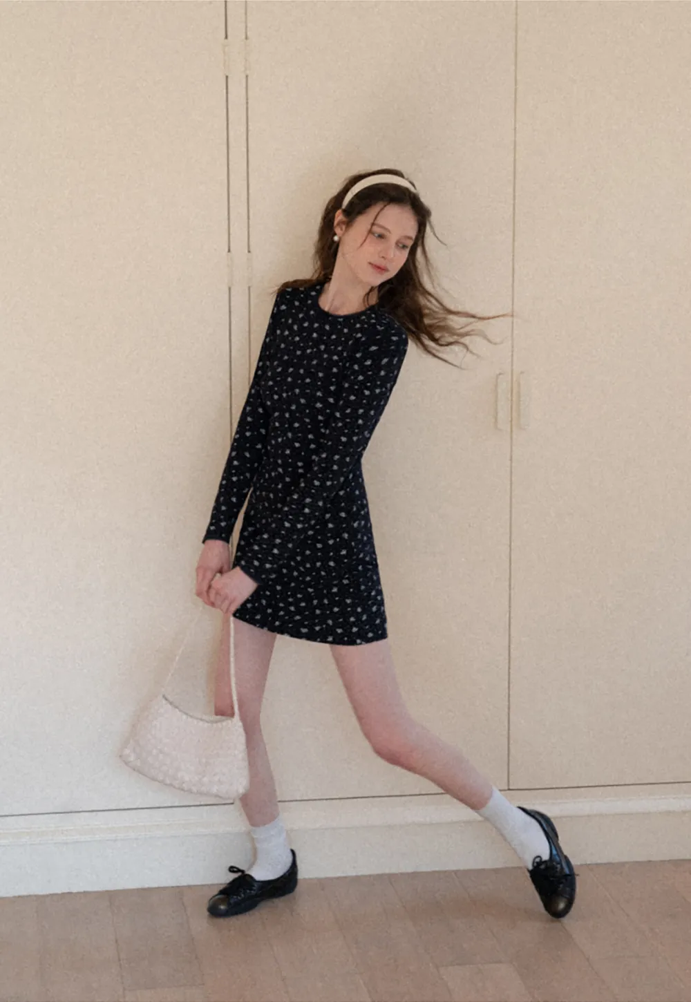 Long Sleeve Floral Print Dress with Cross Neck Detail