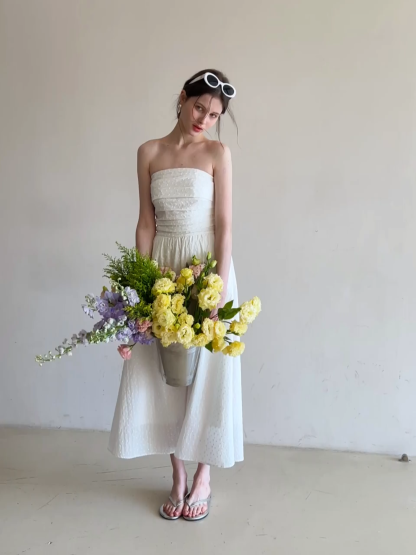 Strapless A-line Midi Dress with Ruched Bodice