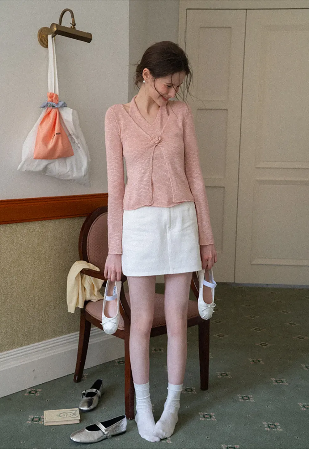 V Neck Knit Sweater with Floral Button Detail