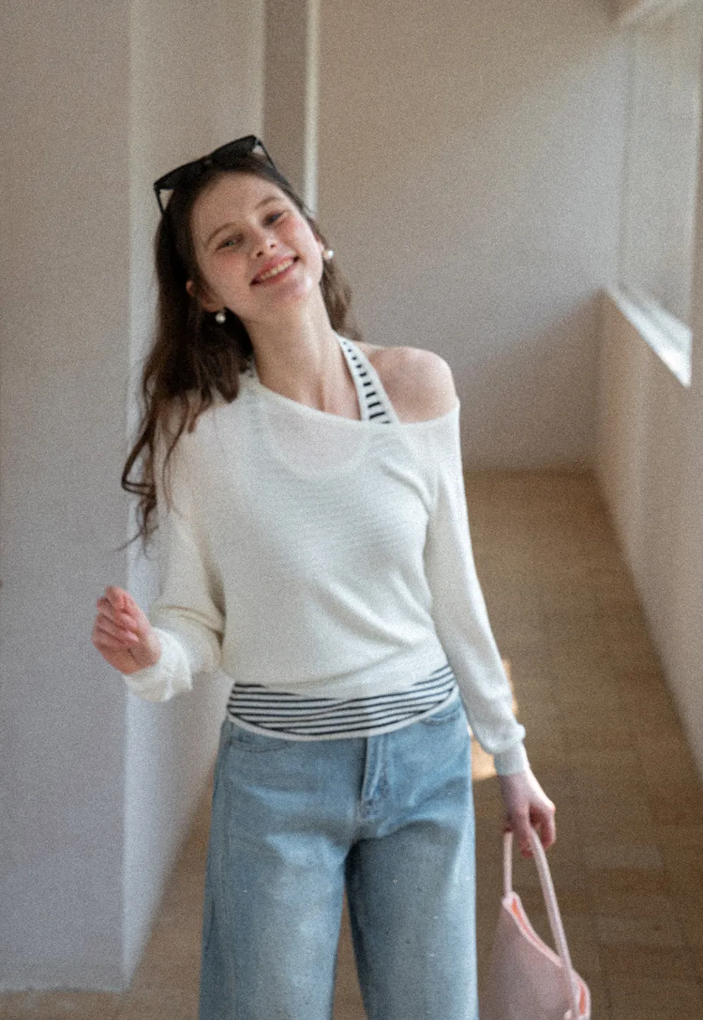 Off Shoulder Long Sleeve Knit Sweater with Striped Trim