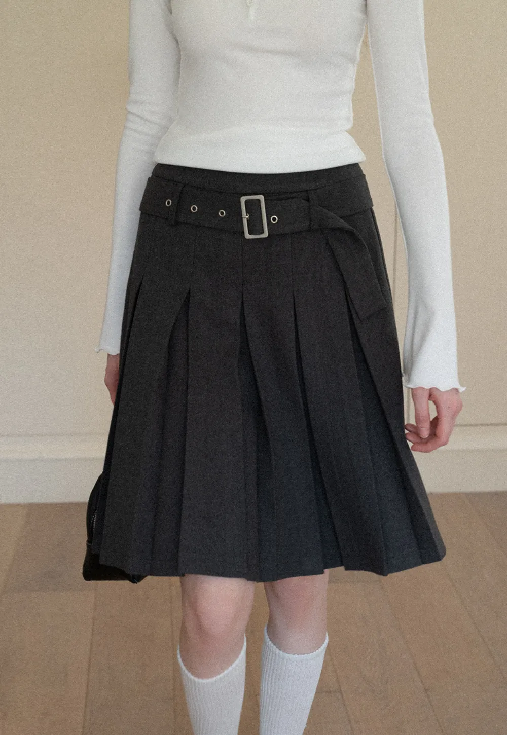 Pleated A Line Skirt with Belt Detail