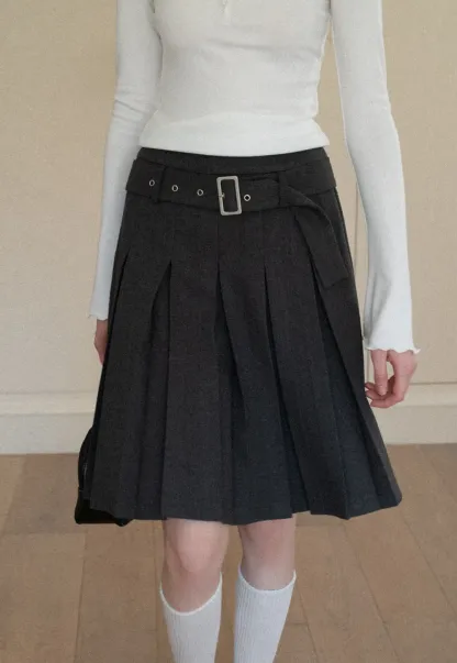 Pleated A Line Skirt with Belt Detail