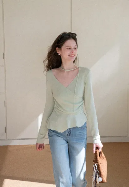 Long sleeve wrap knit sweater with ruched detail