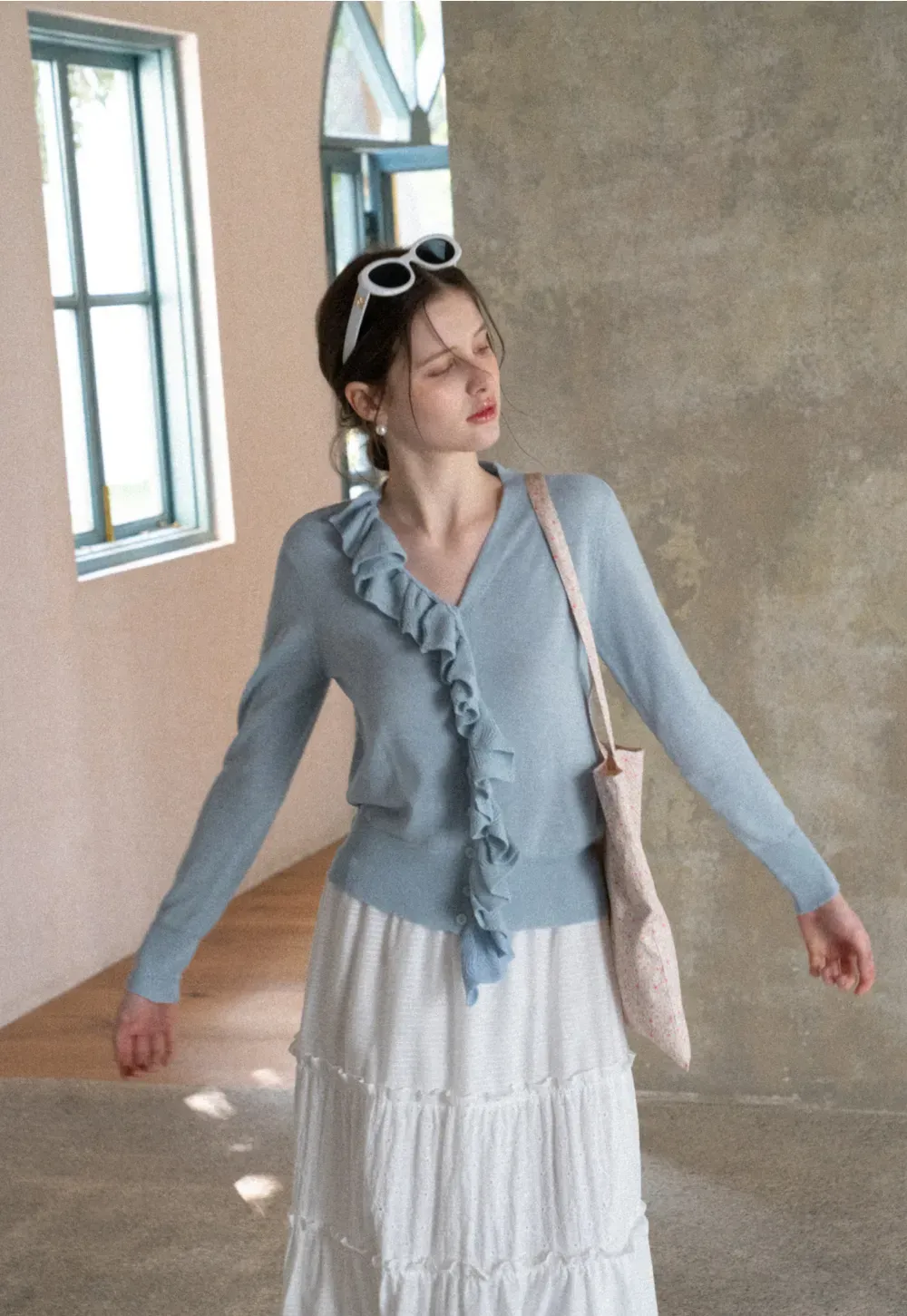 Lightweight Long Sleeve Knit Sweater with Ruffled Trim