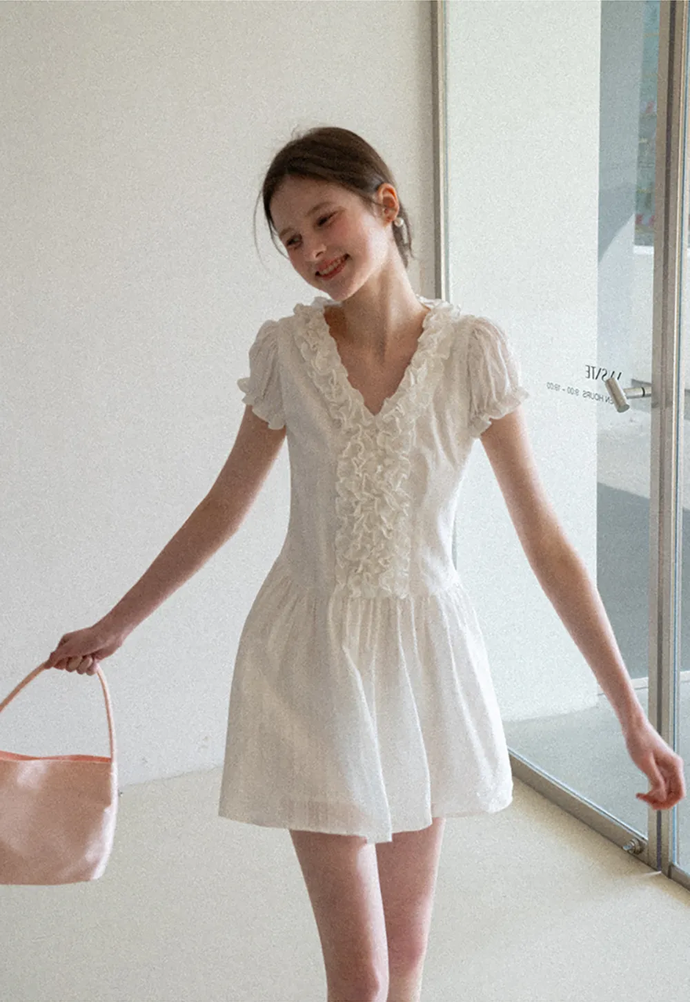 Ruffled V Neck Short Sleeve A Line Dress