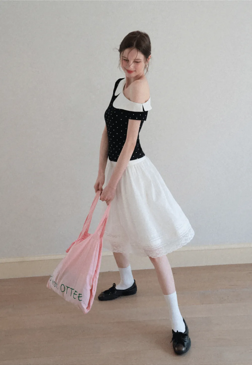 Polka dot short sleeve top with Peter Pan collar