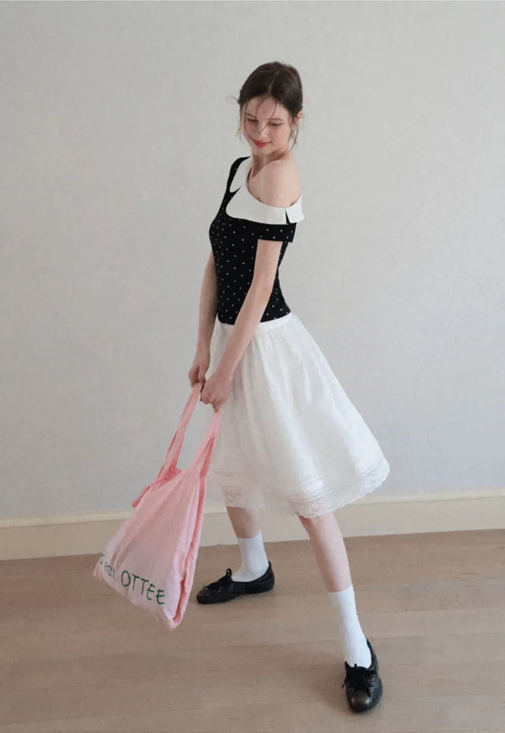 Polka dot short sleeve top with Peter Pan collar