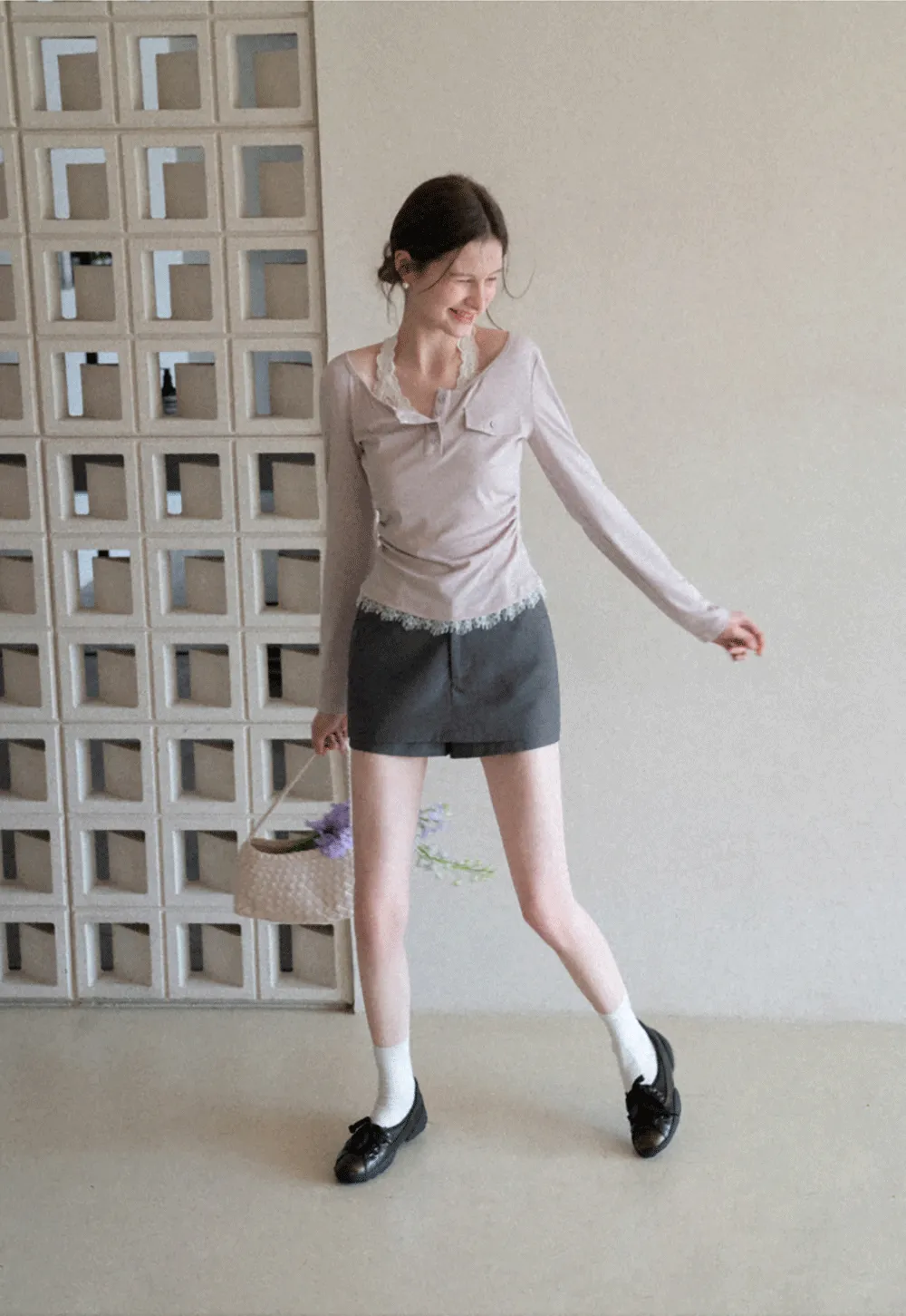 High waist tailored shorts with lace trim