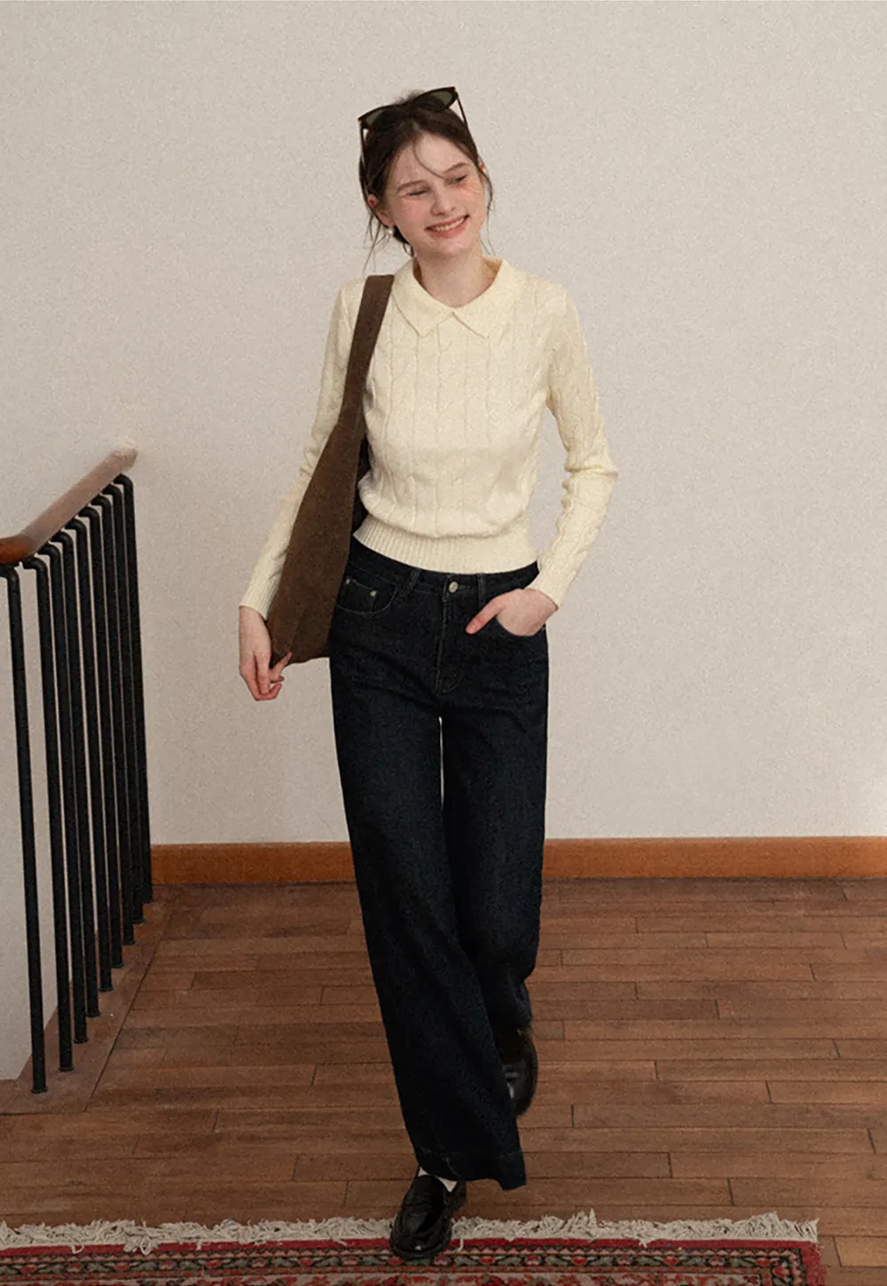 Cable Knit Crop Sweater with Collar