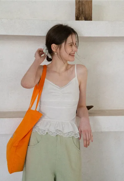 Lace Trimmed Peplum Tank Top with Thin Straps