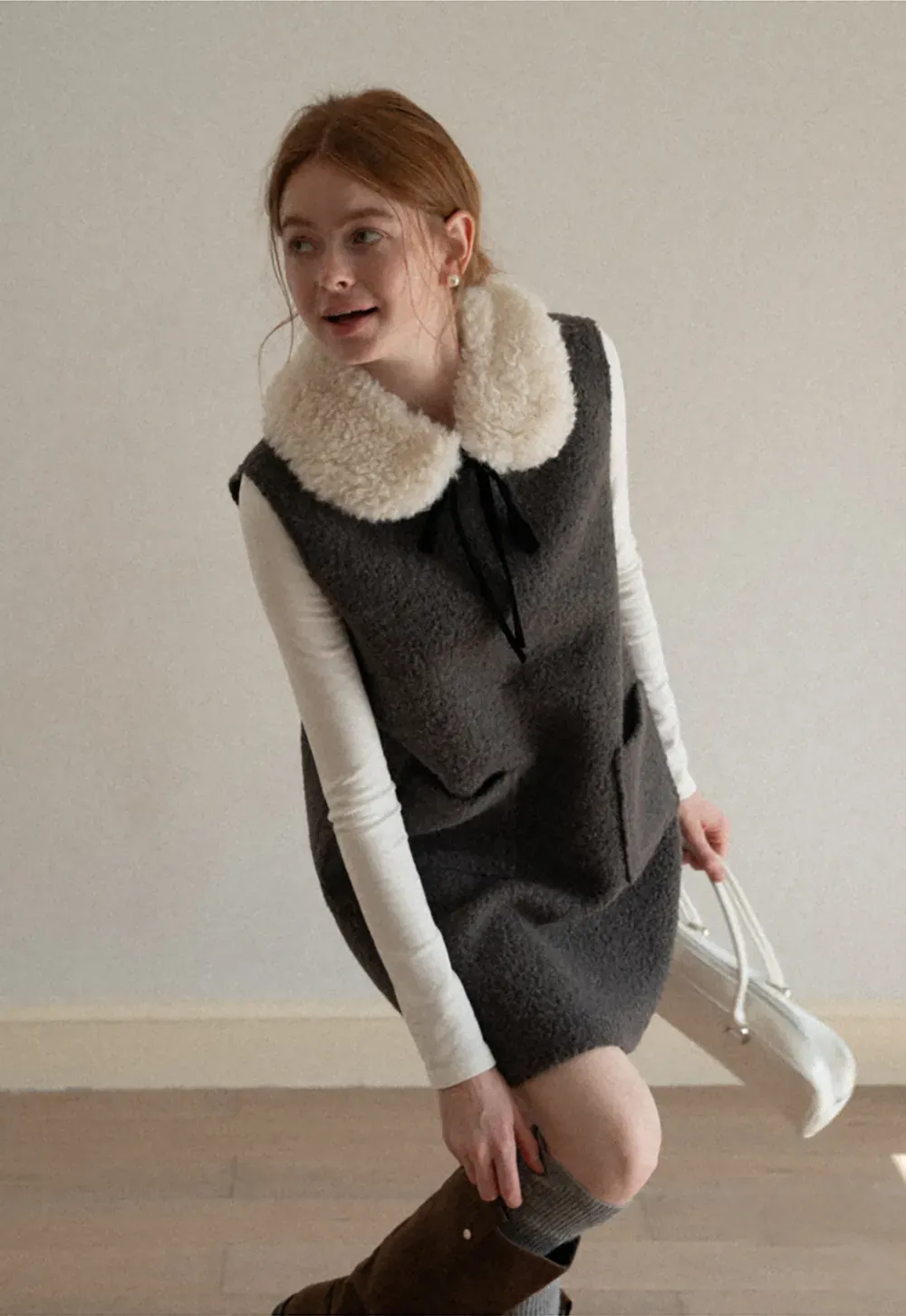 Wool Blend Sleeveless Dress with Faux Fur Collar
