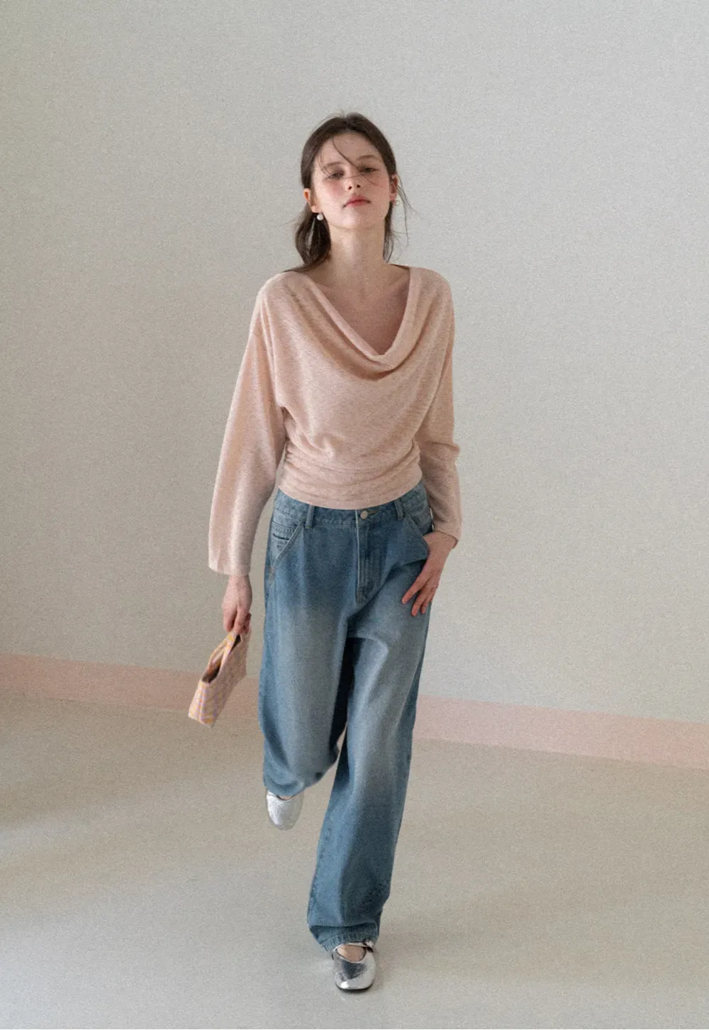 Long sleeve off shoulder draped knit top