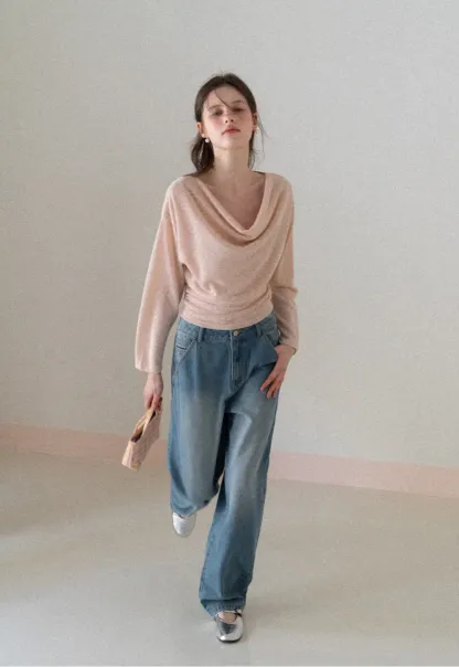 Long sleeve off shoulder draped knit top