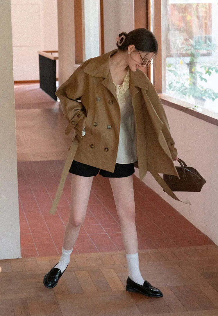 Double Breasted Short Jacket with Belted Waist