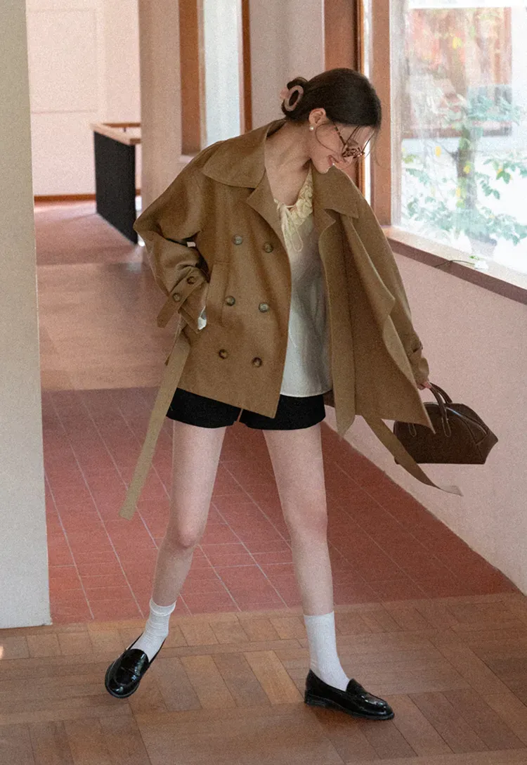 Double Breasted Short Jacket with Belted Waist