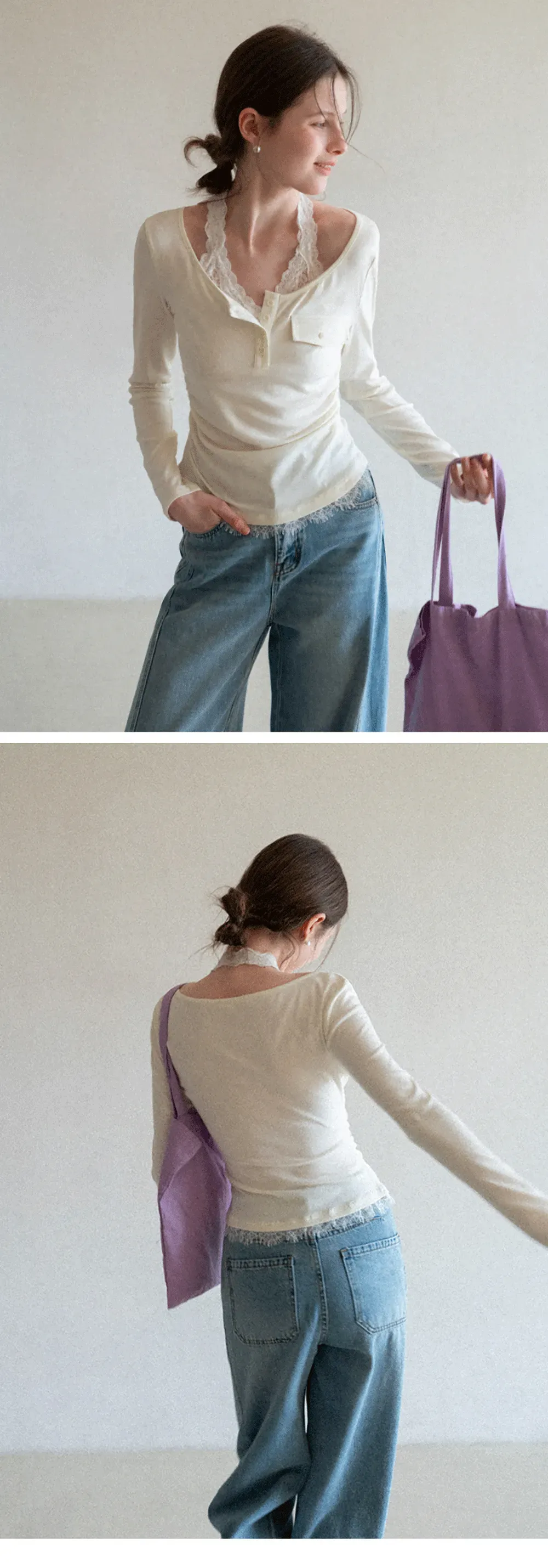 Long sleeve Henley top with lace trim