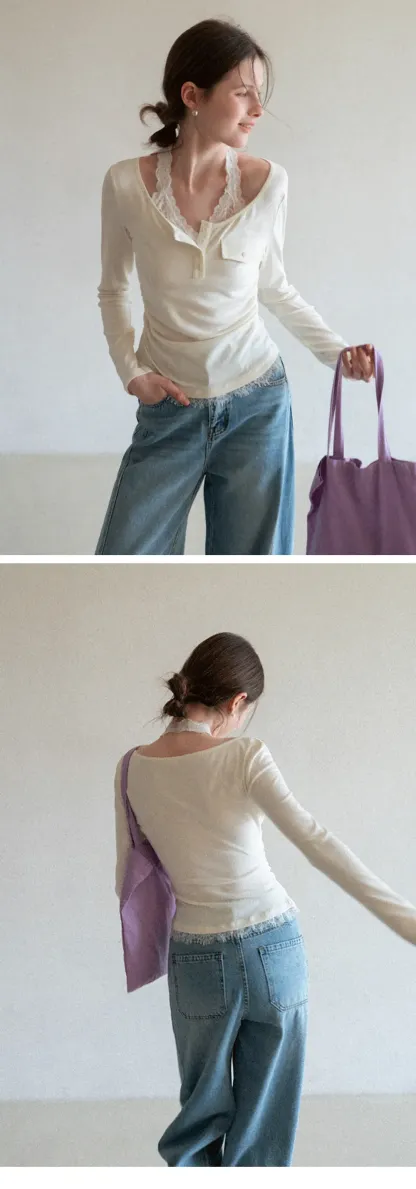 Long sleeve Henley top with lace trim