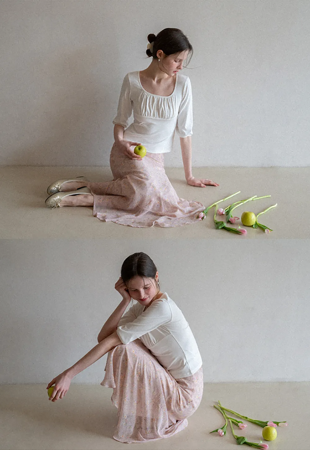 Flowy floral print midi skirt with layered hem