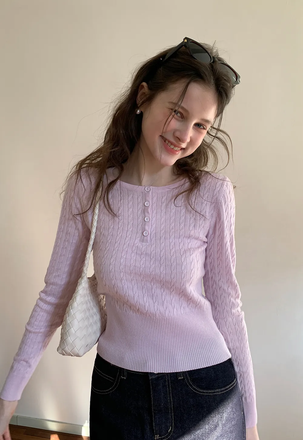 Cable Knit Long Sleeve Sweater with Button Detail