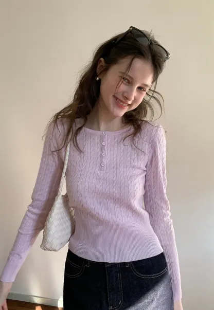 Cable Knit Long Sleeve Sweater with Button Detail