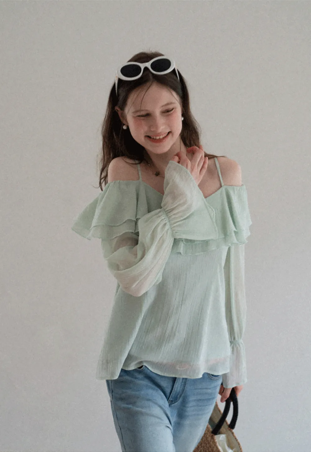 Off Shoulder Blouse with Ruffled Layers and Floral Embellishment