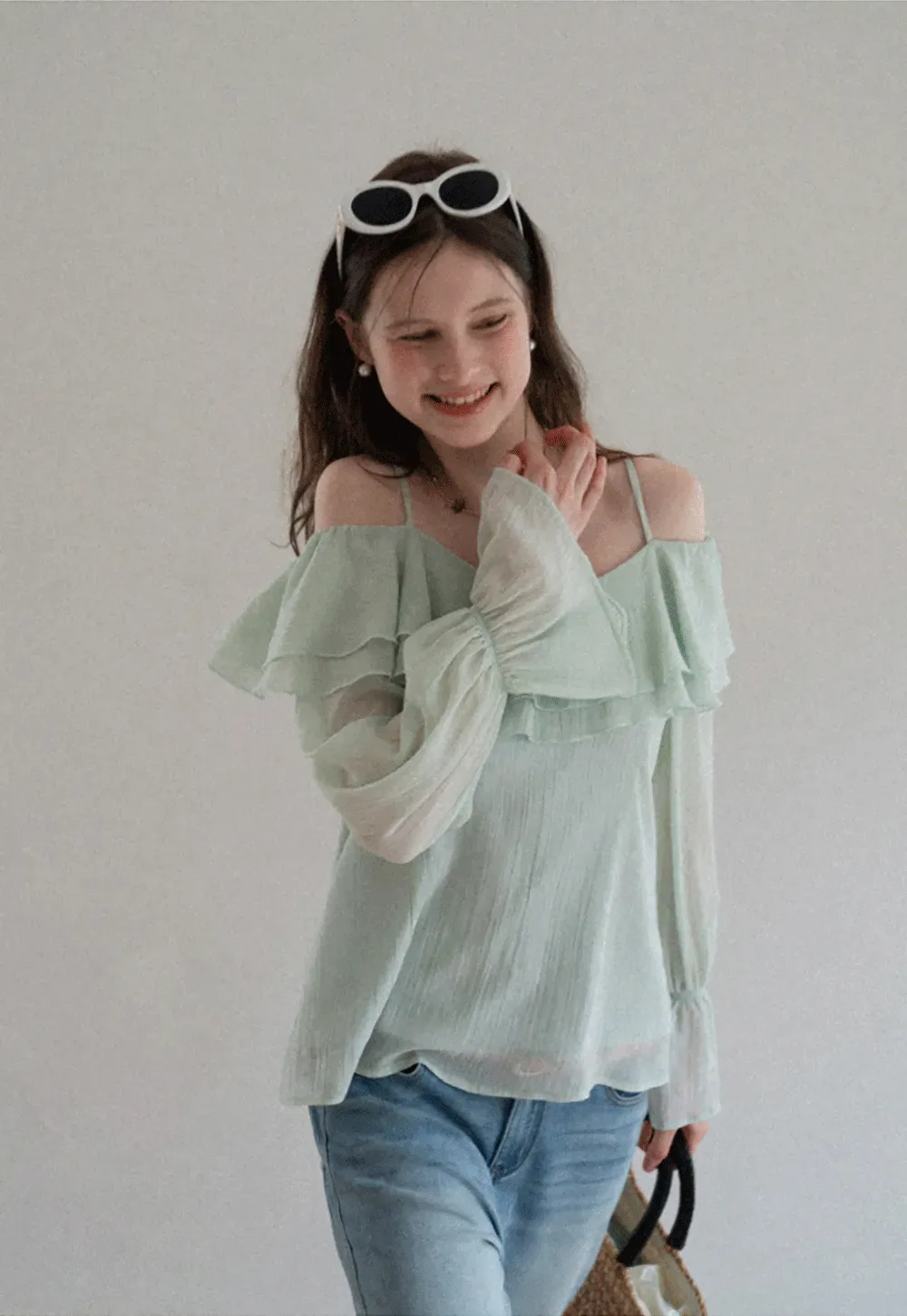 Off Shoulder Blouse with Ruffled Layers and Floral Embellishment