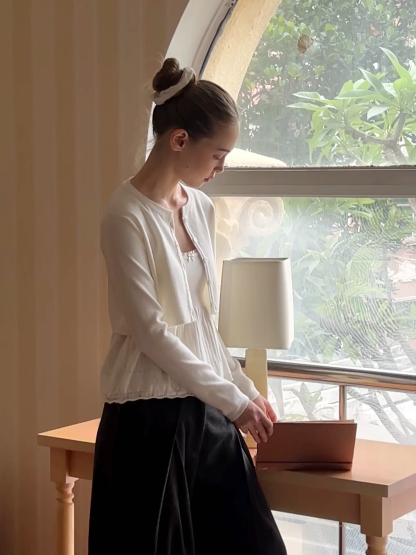 Chic White Cardigan with Bow Tie and Matching Camisole