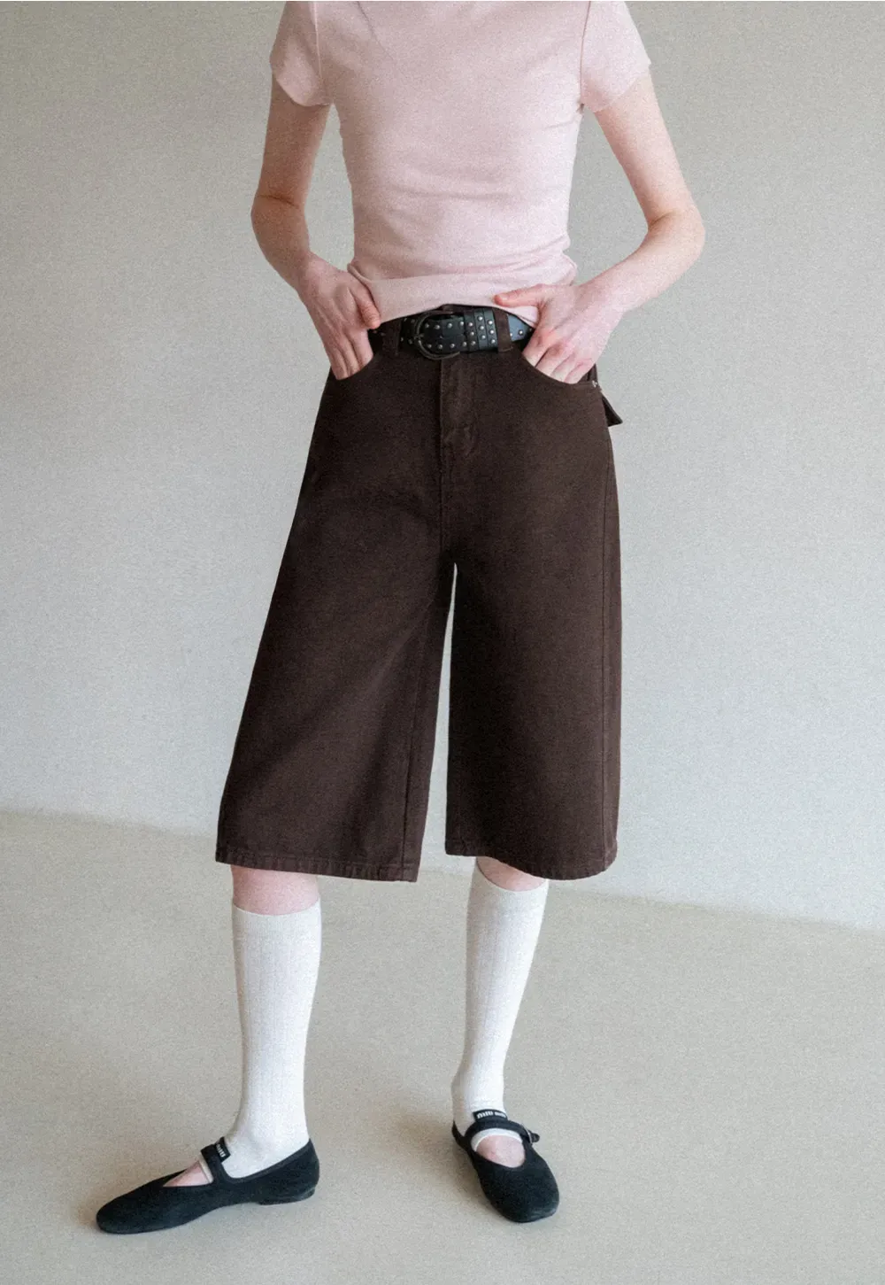 Wide Leg Denim Shorts with Belt and Back Pockets