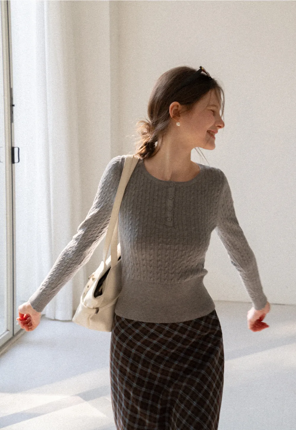 Cable Knit Long Sleeve Sweater with Button Detail