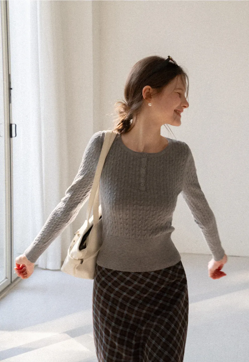 Cable Knit Long Sleeve Sweater with Button Detail