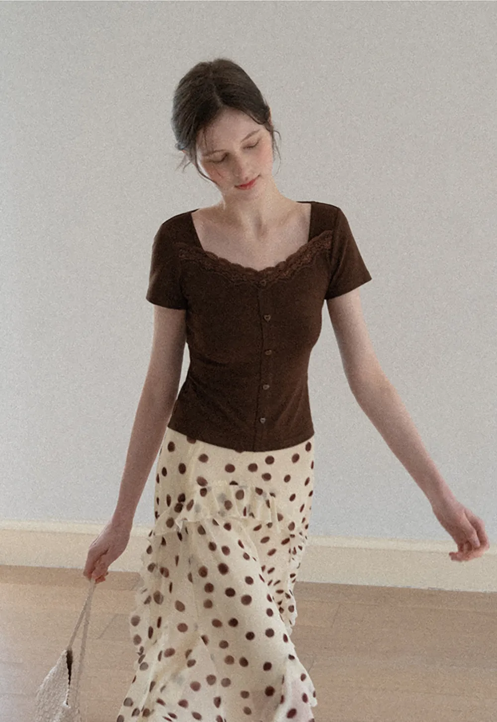 Short Sleeve Button Front Top with Lace Trim