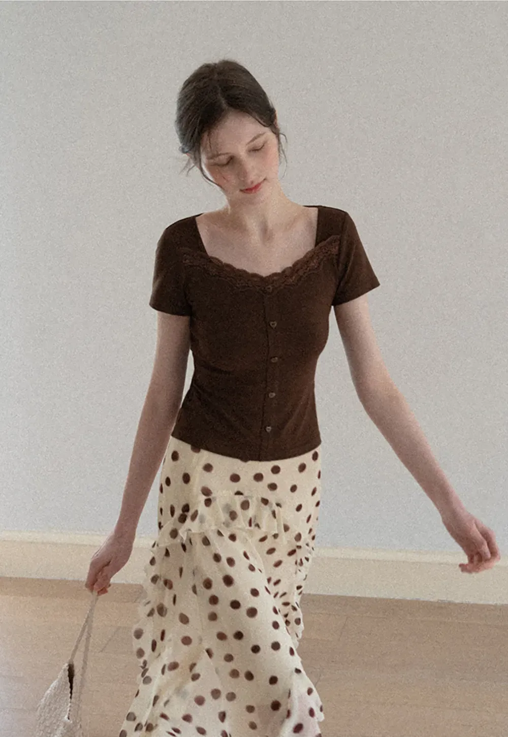 Short Sleeve Button Front Top with Lace Trim