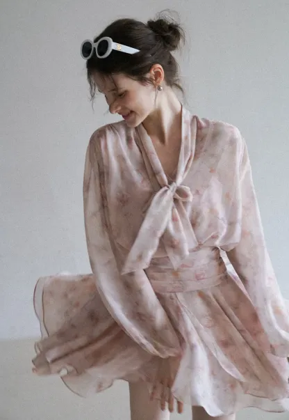 Romantic Floral Layered Dress with Belted Waist