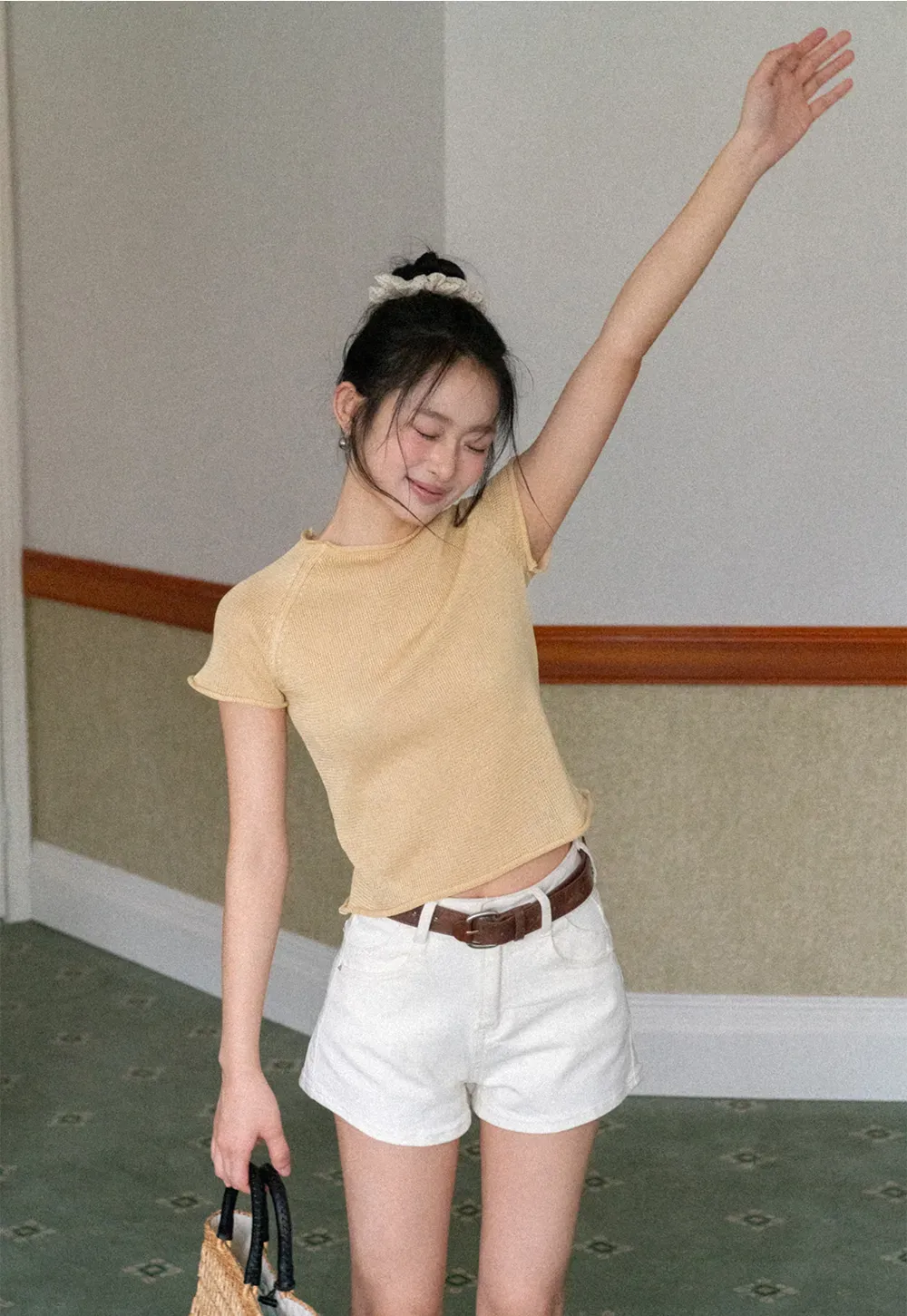 Short Sleeve Ribbed Knit Top with Raglan Sleeves