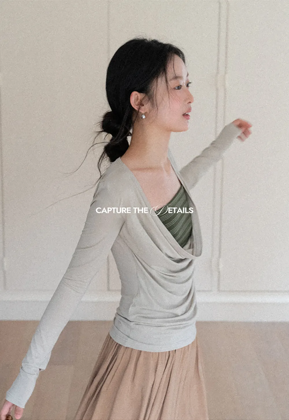 Long sleeve draped neckline top with square cutout