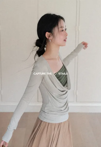 Long sleeve draped neckline top with square cutout