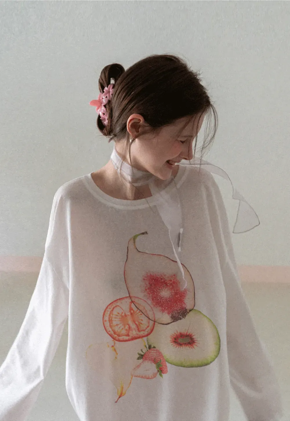 Oversized T shirt with fruit print and sheer neck detail