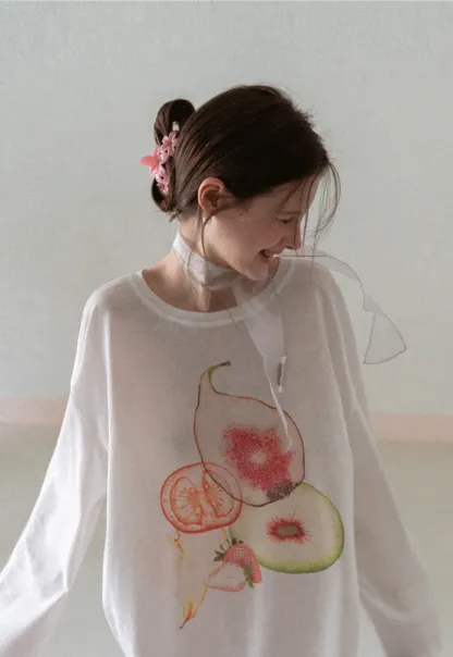 Oversized T shirt with fruit print and sheer neck detail