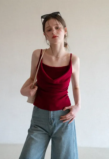 Silk-like tank top with thin straps and draped neckline