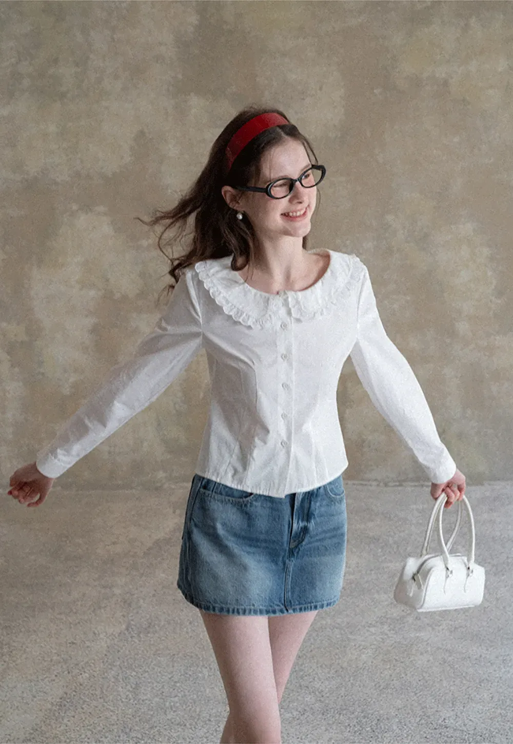 Long sleeve button front shirt with lace collar