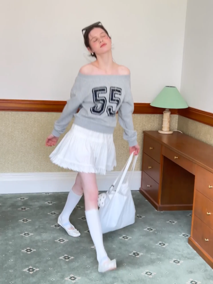 Off Shoulder Sweatshirt with Number Print