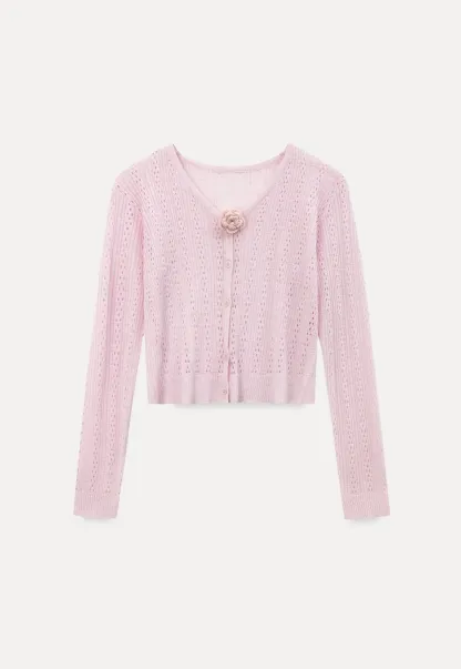 V Neck Cropped Knit Cardigan with Floral Button