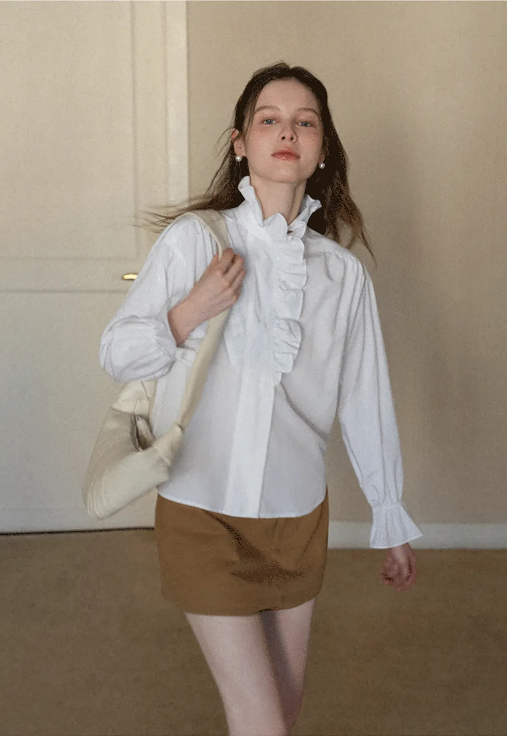 Elegant Ruffled Collar Blouse with Flared Cuffs