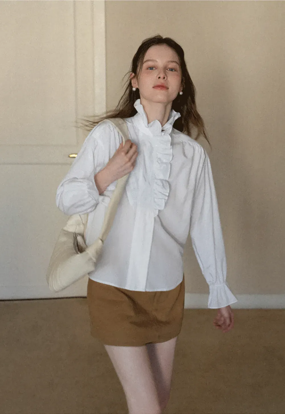 Elegant Ruffled Collar Blouse with Flared Cuffs